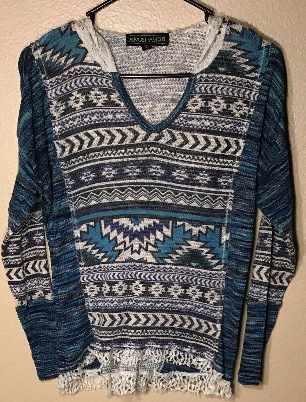 Almost Famous Womens Crochet Hooded Sweater With Frayed Bottom. Size XL